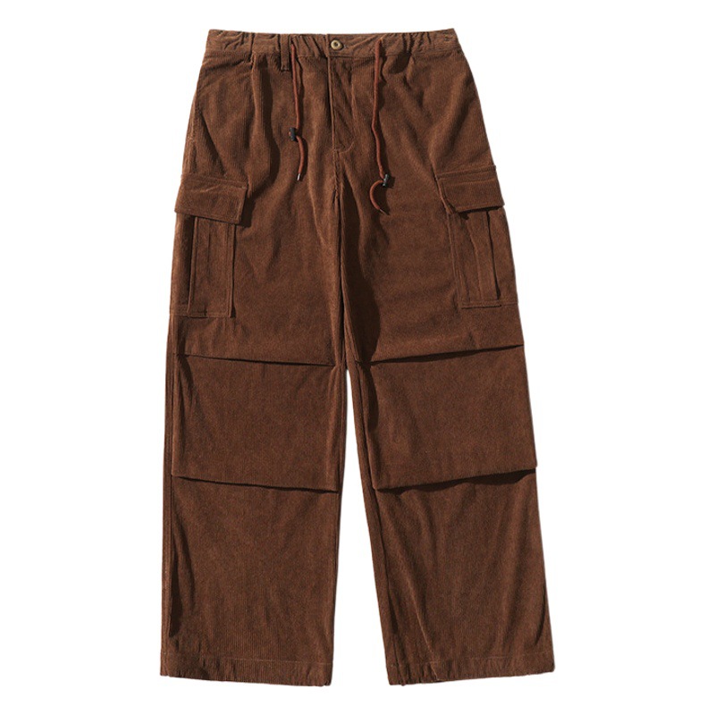 Pantalones de pana para hombre marca de moda americano retro gran bolsillo con pies, monos, pantalones casuales sueltos con cordón de primavera y otoño