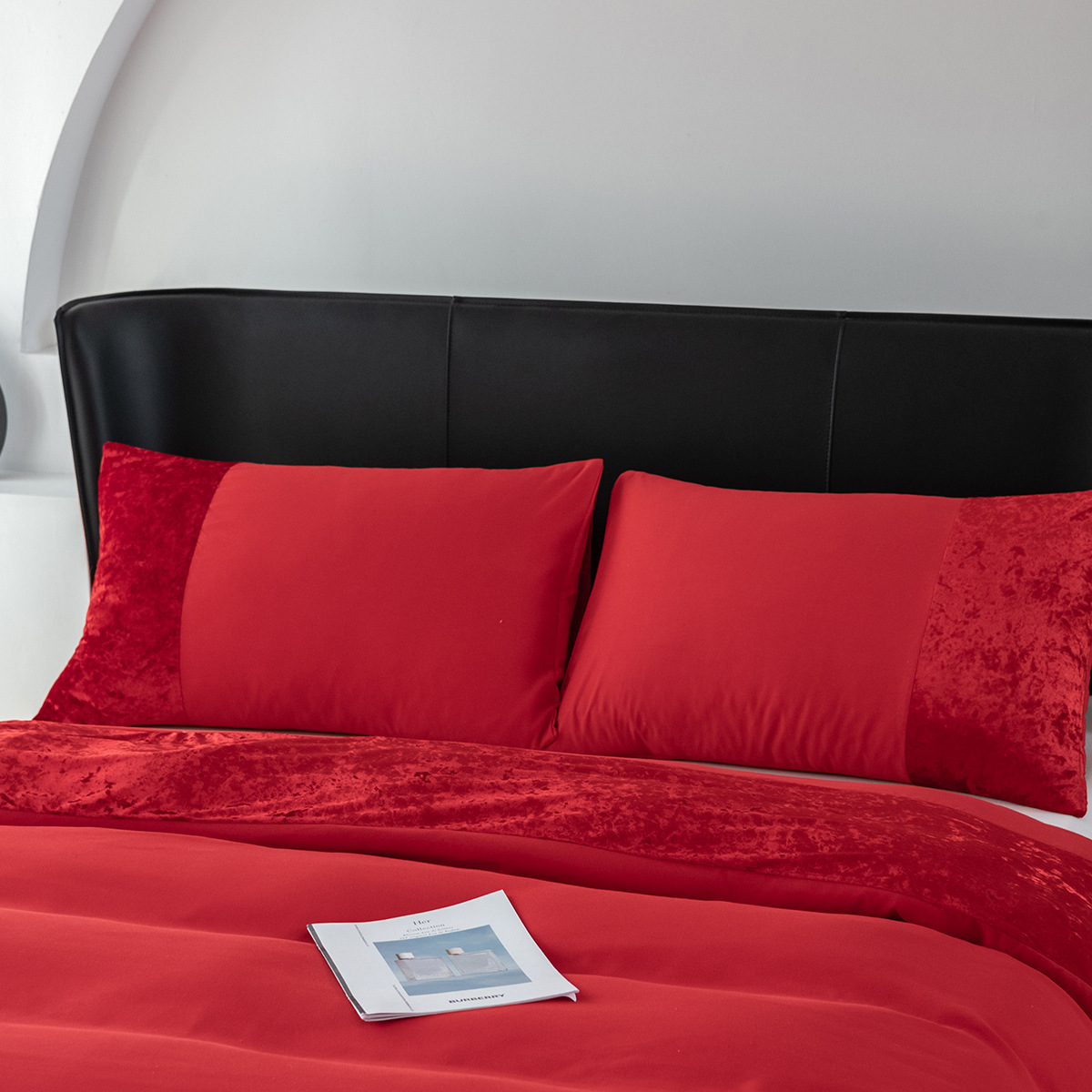 Solid color velvet patchwork red bedding three piece set_voghion.com