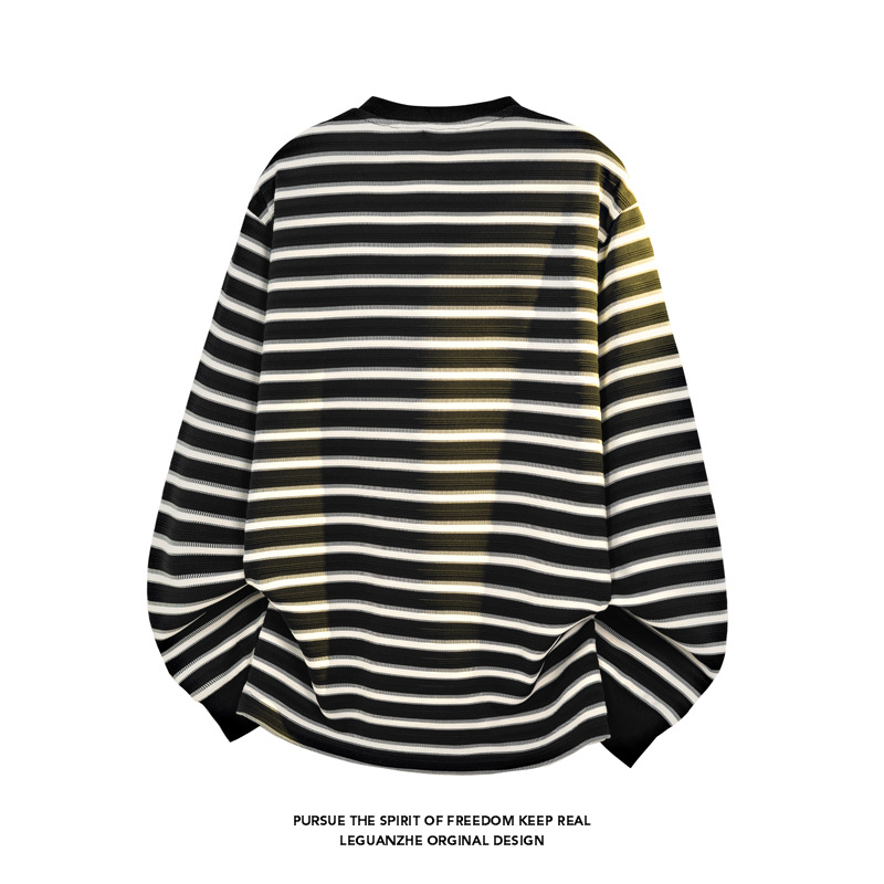 T-shirt a maniche lunghe a righe bianche e nere da uomo, top primaverile di tendenza dalla vestibilità pulita, maglietta base ampia e casual con scollo rotondo_voghion.com