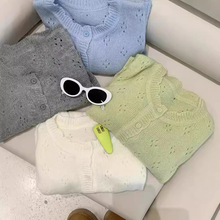 小个子多色镂空针织开衫春秋新款纽扣圆领休闲百搭上衣女通勤软糯