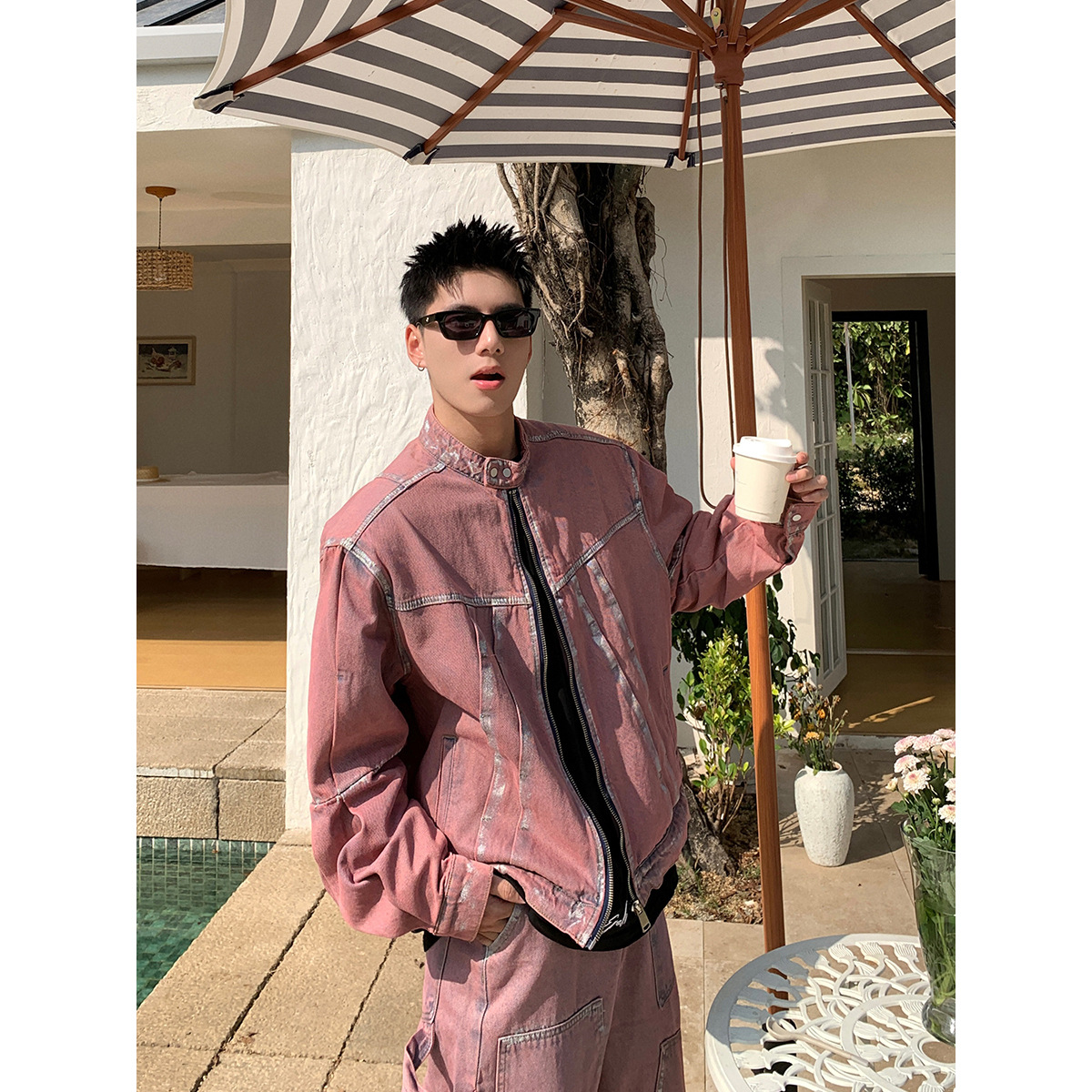 American Style Trendy Brand Retro Waste Earth Style Design Sense Niche Old Denim suit Matching Couple Jacket Pants suit