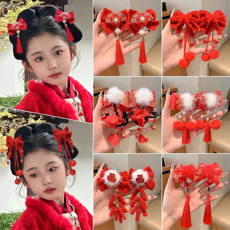 Tarjeta de pelo de estilo antiguo arco de estilo chino para niños vestidos chinos para bebés Año Nuevo joyeros de pelo rojo clip de pelo de Año Nuevo