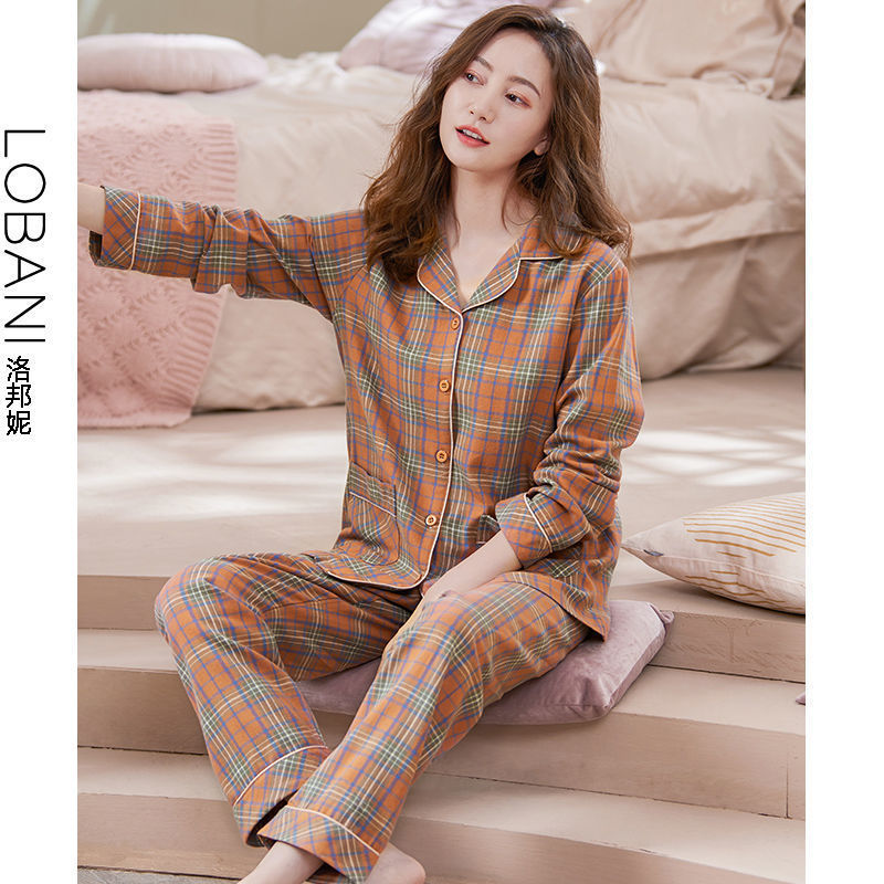 100% pijamas de algodón de primavera y otoño de las mujeres de manga larga cardigan conjunto de dos piezas se puede usar fuera de casa traje de desgaste