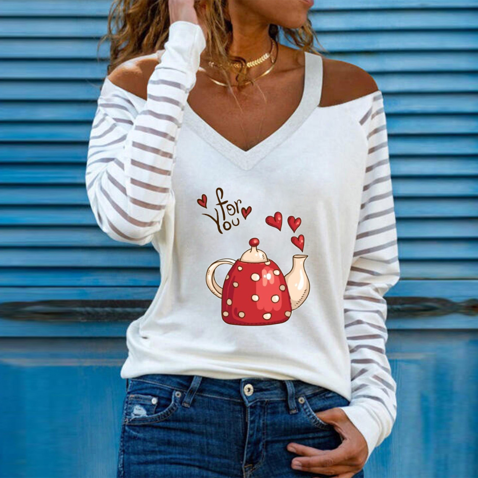 Fashion Stripe Heart Shape Teapot Polyester V Neck Long Sleeve Regular Sleeve Printing Blouse