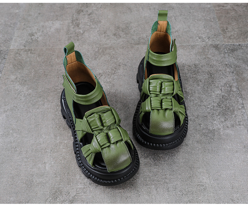 Sandal nữ da bò thật đế dày phong cách La Mã, mũi kín, quai đan dây — màu nâu chi tiết 15