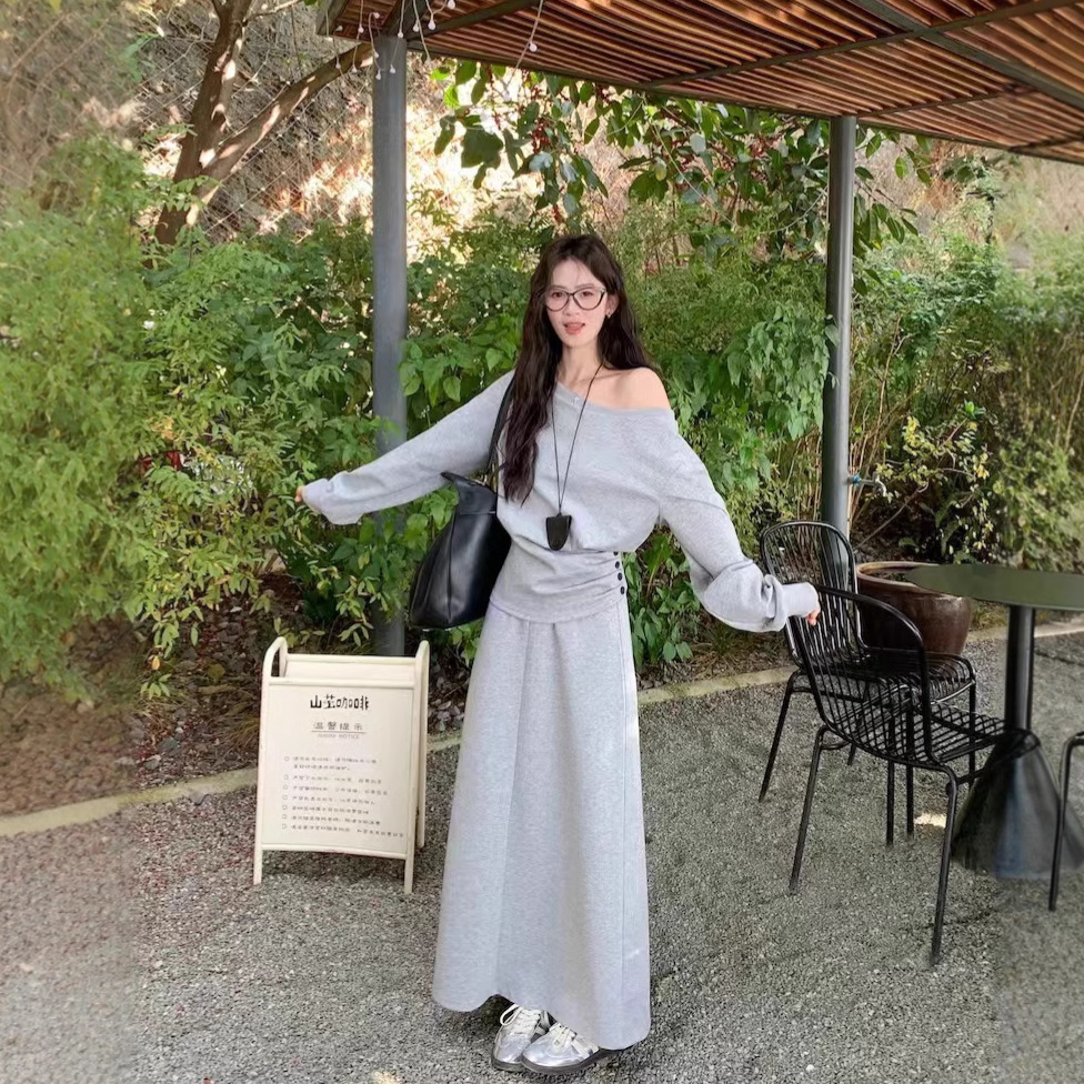 实拍 休闲套装灰色露肩长袖卫衣女2025春季高腰半身裙A字裙两件套