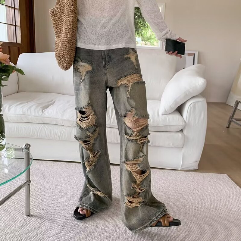 Cross-border American-style high street vibe fashion ripped jeans men's drag pants loose design feeling retro pants