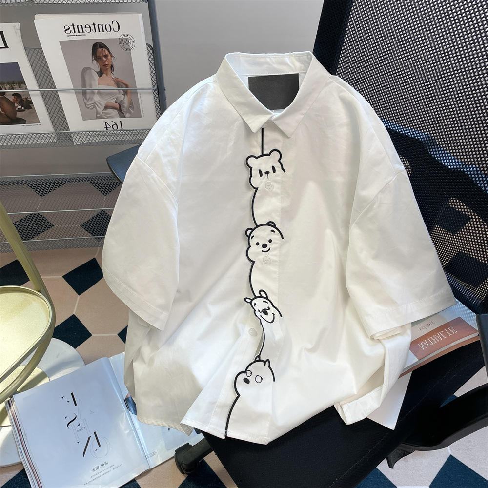 2025 New Handsome Design Short-Sleeved Shirt Men's Summer Fashion Loose Casual White Solid Color Top Men's Clothing