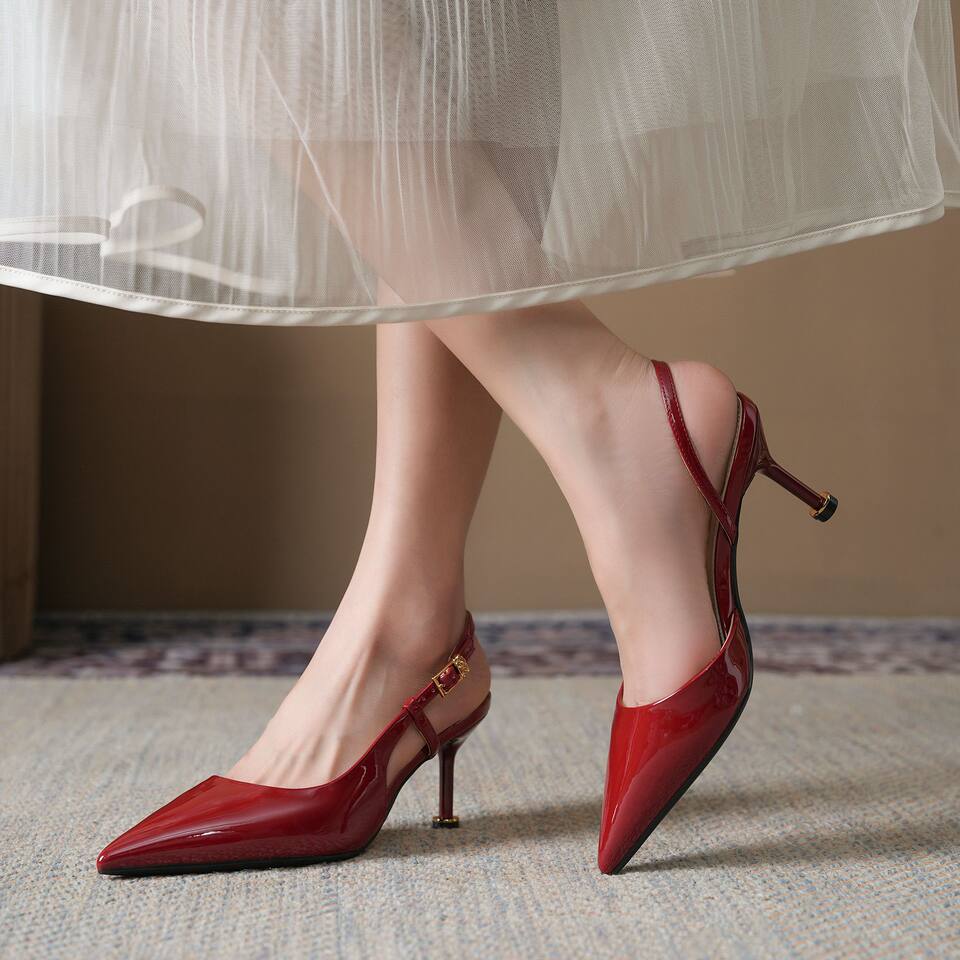 Sandal nữ bít mũi mũi nhọn gót mảnh quai ngang phong cách công sở, gót 6–8 cm — Màu be, Màu đỏ rượu, Vân ngựa vằn, màu đen