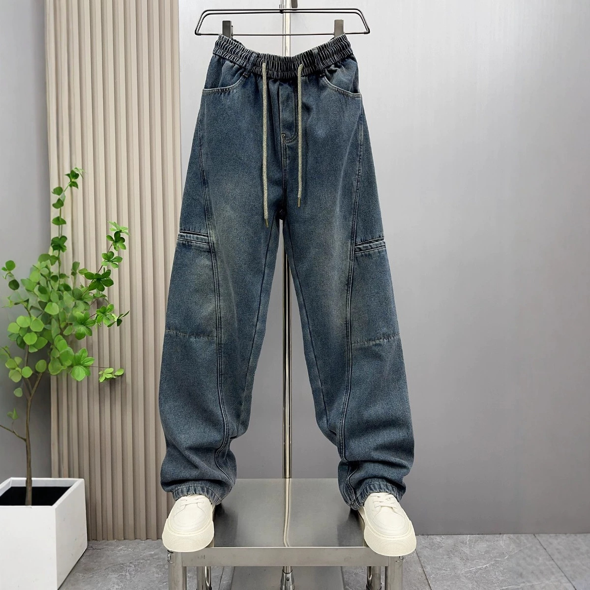 Retro Elastic Waist Workwear Washed Jeans Men's Spring and Summer Oversize Loose Straight Wide Leg Casual Pants