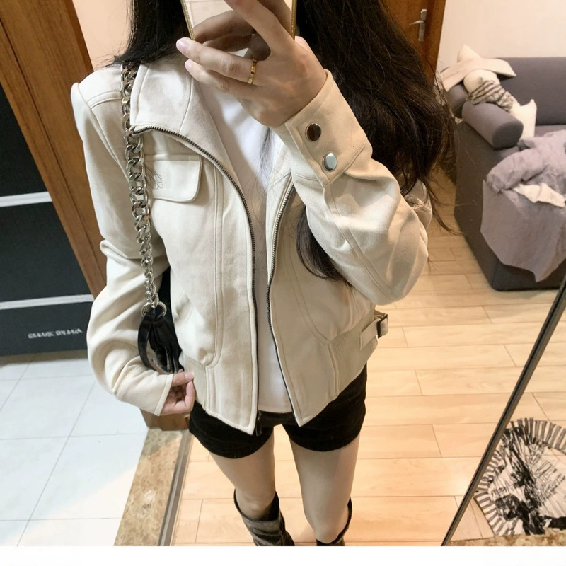 American retro faux suede jacket for women, 2026 spring new style, petite and stylish, slim fit, extremely good-looking biker jacket American retro faux suede jacket for women, 2026 spring new style, petite and stylish, slim fit, extremely good-looking biker jacket