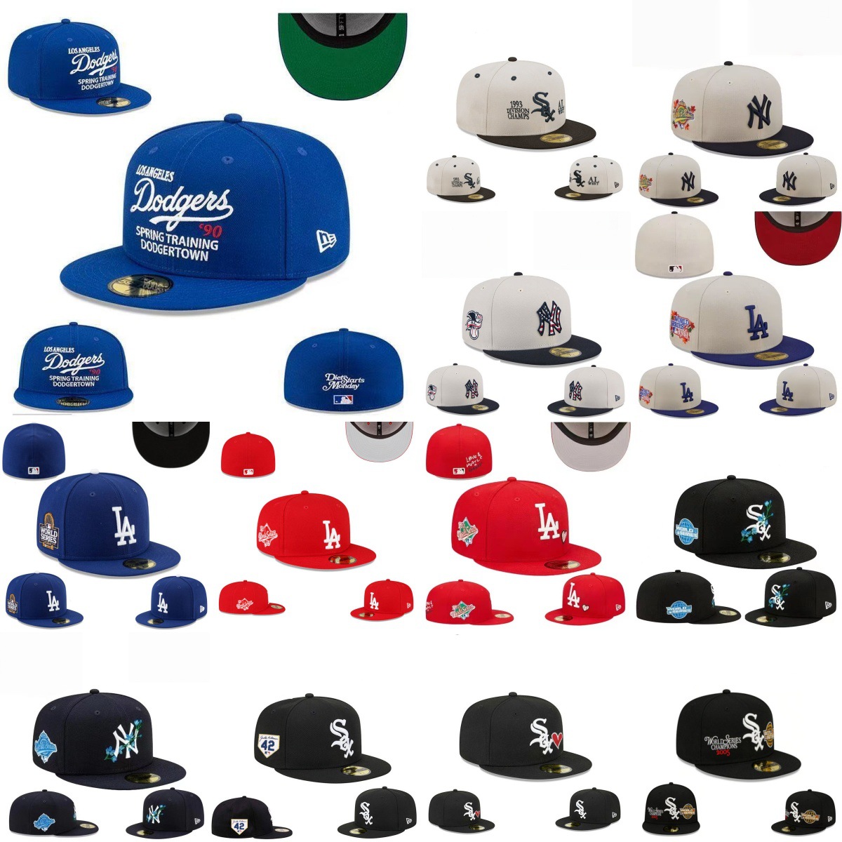 MLB baseball cap, Dodgers team, closed-brim cap, outdoor sun protection, full coverage, large head circumference, embroidered letters, flat brim