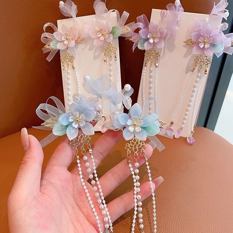 Chinese-Style Hair Accessories for Children, Girls' Hanfu Ancient Style Headdress, Girls' Hairpin with Flower Pendant for Loose Hair