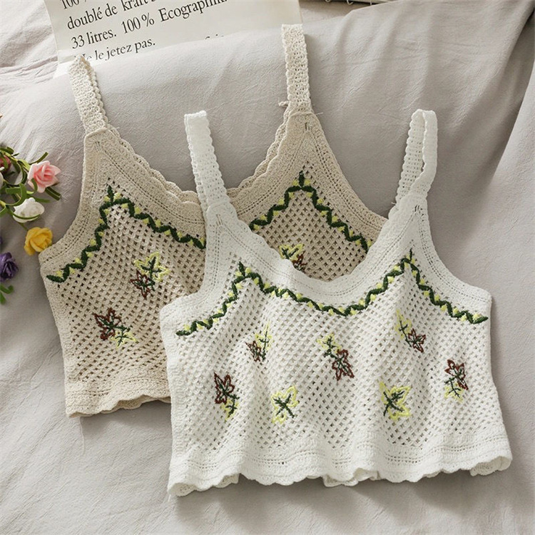 Small Camisole Embroidered Vest Hollow Knitted Short Inner Vest Women's Sleeveless Style Distinctive Top All-match