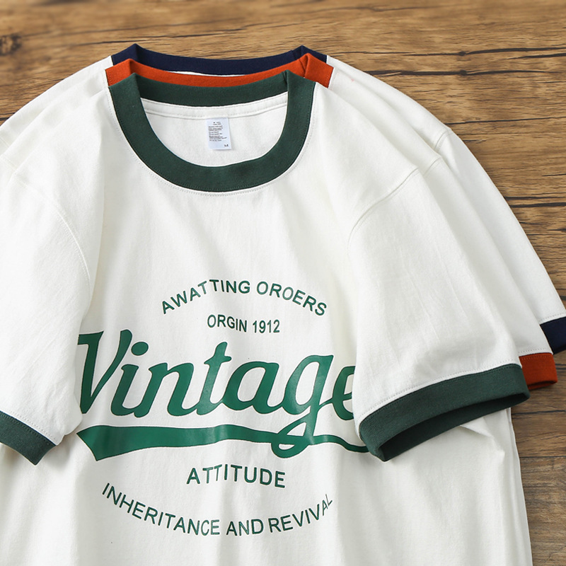 Three-Needle 270g Japanese Retro Vintage Boyfriend Style Color-Block Printed Letter Short-Sleeve T-Shirt for Men, Casual and Versatile