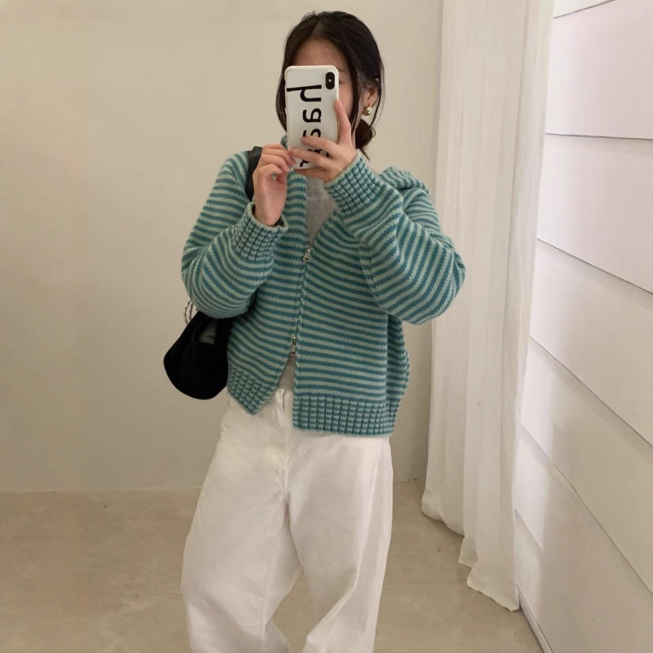 韩系撞色条纹连帽针织开衫女2025秋冬新款宽松休闲百搭毛衣外套潮