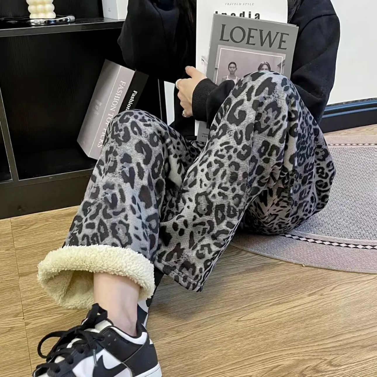 [Agregue fertilizante y aumente] Pantalones a cuadros de terciopelo de cordero grueso en invierno, pantalones casuales cálidos de cintura alta para mujer