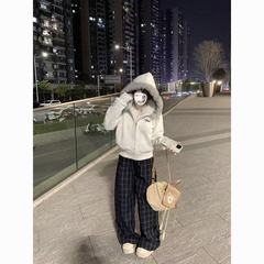 美式复古毛领短款外套女春秋新款小个子高街加绒休闲百搭连帽卫衣