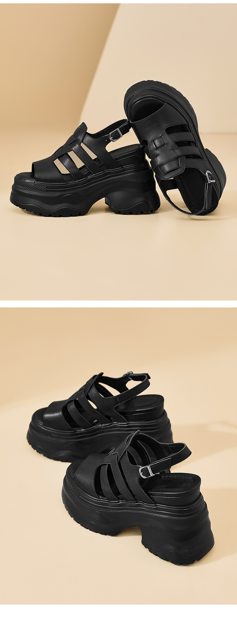 Sandal cao gót nữ da thật mũi hở gót platform 12cm — màu đen, màu trắng ngà chi tiết 13