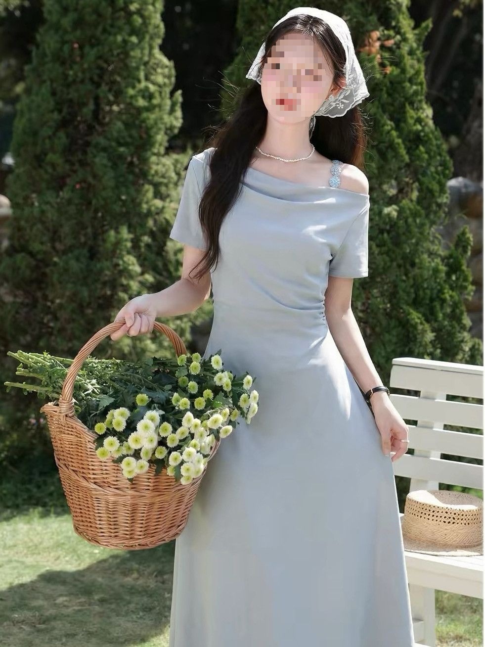 Váy đầm maxi nữ thắt eo thiết kế một chữ vai kiểu Pháp thuần màu — xanh lam, màu tím chi tiết 1