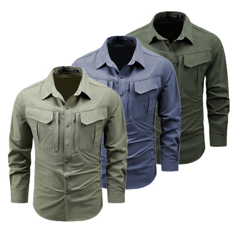 Spring and Autumn Elastic Quick-Dry Long-Sleeve Shirt for Men, Outdoor Breathable Loose Military-Style Multi-Pocket European and American Workwear Tactical Shirt Spring and Autumn Elastic Quick-Dry Long-Sleeve Shirt for Men, Outdoor Breathable Loose Military-Style Multi-Pocket European and American Workwear Tactical Shirt