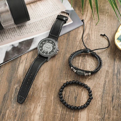 A09279 Factory direct selling men's gift set tiger head dial beaded bracelet for elders and boyfriend three-piece set