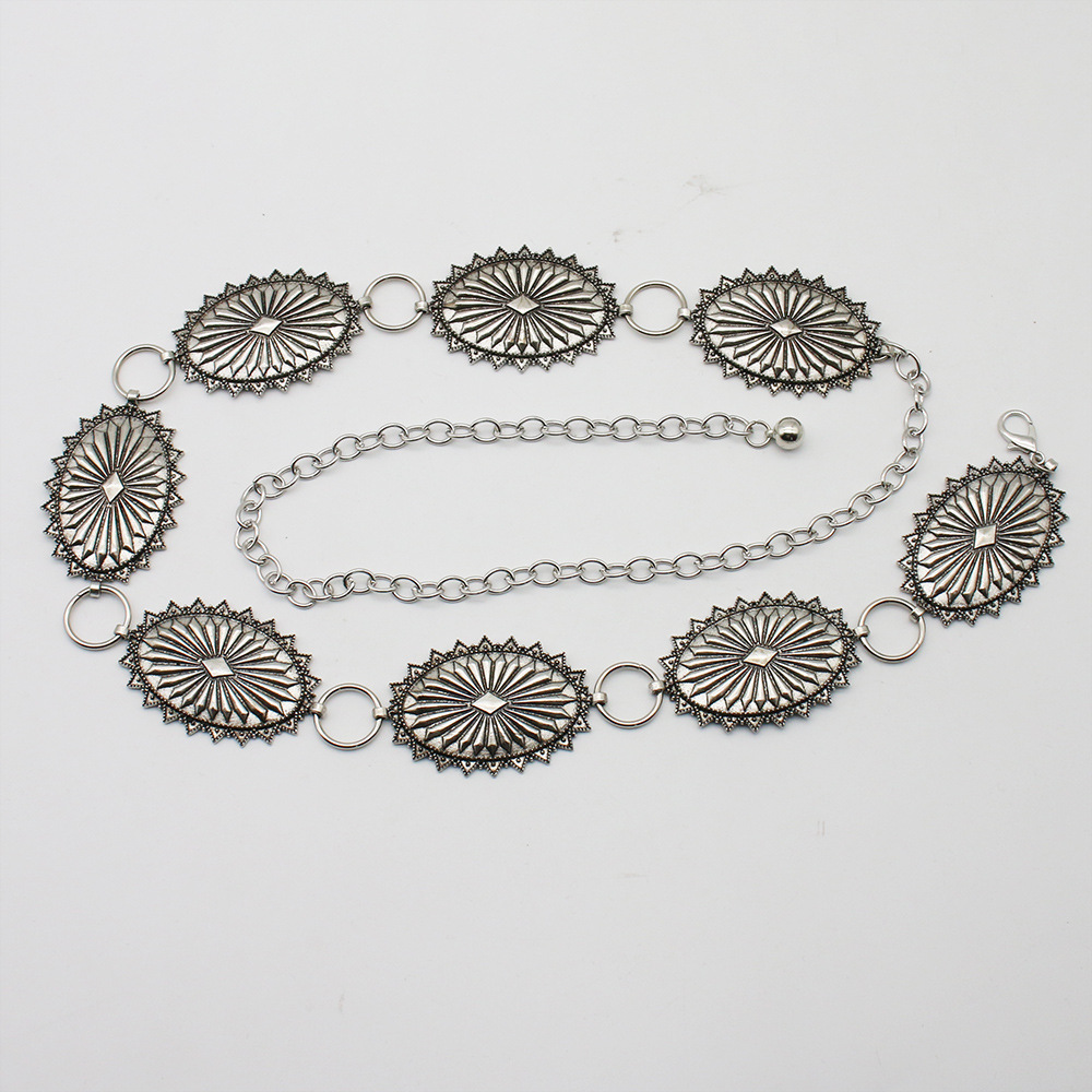 Suministro transfronterizo de amazon serrado cadena de cintura de metal tallado falda versátil de aleación vintage pequeña cadena de fragancia collar decoración