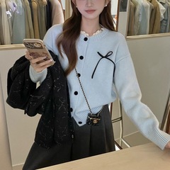 跨境韩系温柔蕾丝圆领针织开衫早秋甜美减龄蝴蝶结毛衣外套女上衣
