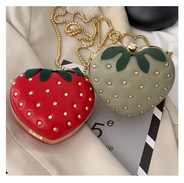 Cute Style Round Shape Women's Medium Pu Leather Strawberry Cute Rivet Round Clasp Frame Crossbody Bag