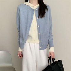 连帽设计感拼色假两件针织开衫女秋冬新款韩版气质宽松毛衣外套女