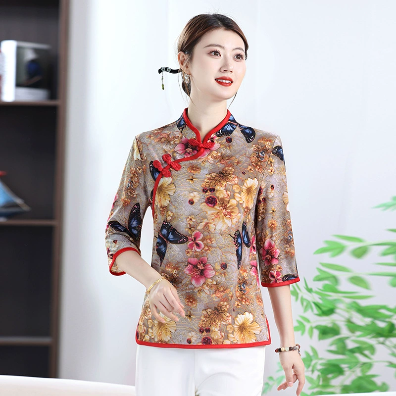 Летняя рубашка для мамы, новая рубашка в стиле шинуазри, ретро-чонсам с воротником и косыми лацканами, топ для женщин среднего и пожилого возраста, футболка с принтом