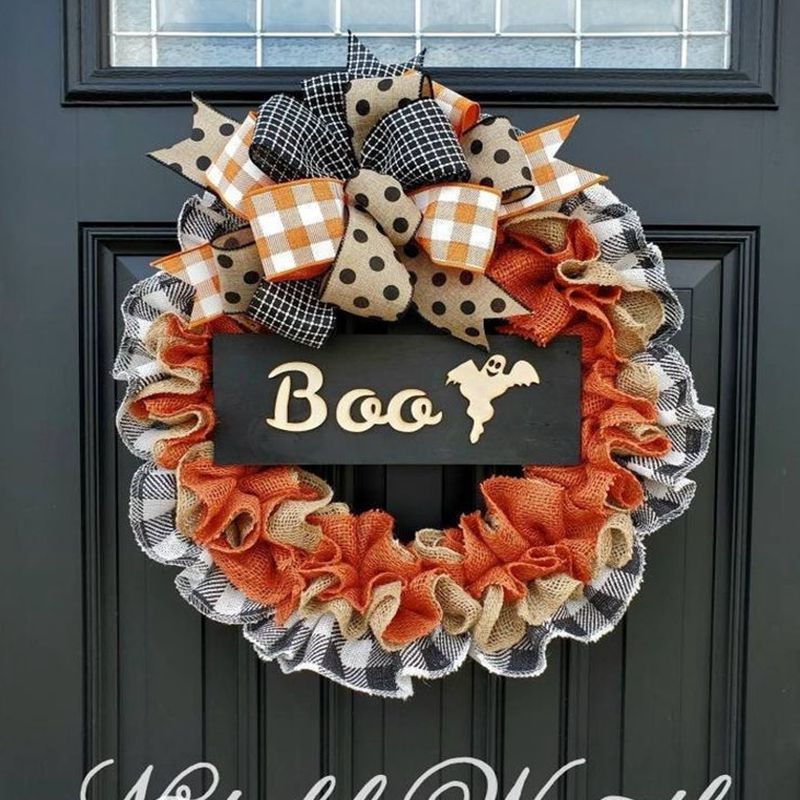 Maison & Jardin 2024 Nouvelle Couronne BOO Ornements de Porte Ruban en Tissu de Vacances Panneau en Bois Accessoires de Décoration d'Atmosphère_voghion.com