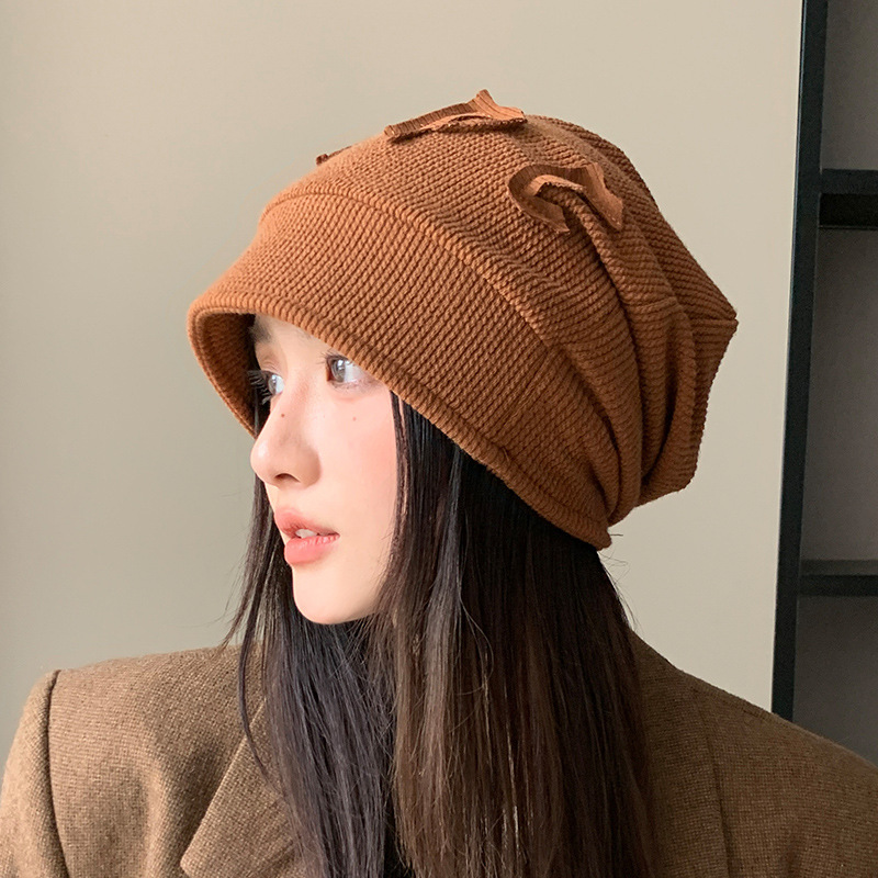 秋冬韩版包头帽子女款大头围显脸小冷帽复古百搭堆堆帽针织毛线帽|undefined