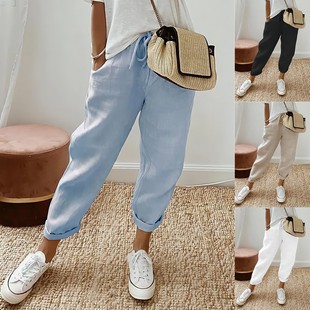 2023 European and American Cross-Border Amazon Independent Station Women's Pure Cotton Long Pants with Pockets Elastic Casual Pants Women's Pants