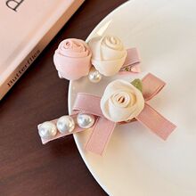 少女玫瑰！甜美珍珠发夹高级感丝带蝴蝶结边夹侧边旅行发卡头饰潮