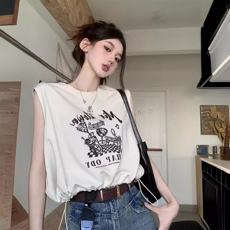 American Style Retro Spice Girl Shoulder Sleeveless T-shirt Women's Summer Short Loose Slimming Short Drawstring Vest Top
