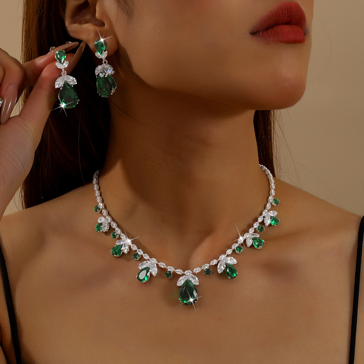 Collar de color de la industria pesada amazona orejas joyas set de moda de lujo vestido de novia cena joyas de zircon mujer image 11
