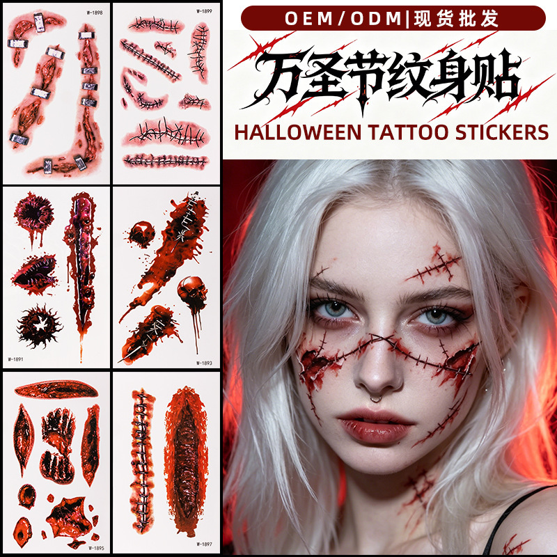 Halloween Simulated Scar Tattoo Stickers Waterproof and Long-Lasting Cross-Border European and American Adult Party Temporary Tattoo Stickers Tattoo Halloween Simulated Scar Tattoo Stickers Waterproof and Long-Lasting Cross-Border European and American Adult Party Temporary Tattoo Stickers Tattoo