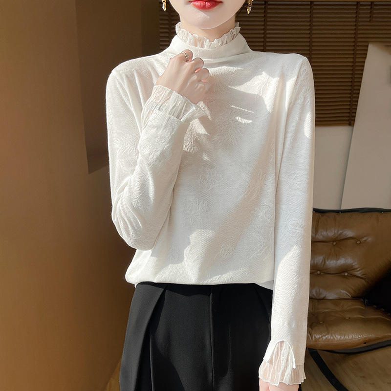 Worsted Wool 2025 Spring and Autumn Half-turtleneck Knit Shirt Women's Inner New Hollow-out Jacquard Base-layer Shirt Styline Top