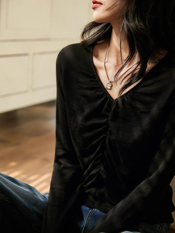 "一纤腰"针织衫 修身显瘦褶皱V领上衣女|undefined