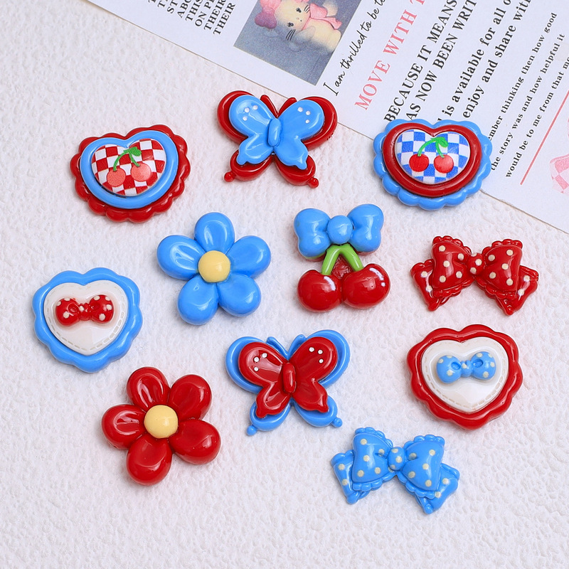 Retro Red and Blue Bow Tie Heart Cartoon DIY Jewelry Accessories Cream Glue Resin Small Accessories Hole Shoe Buckle Material Retro Red and Blue Bow Tie Heart Cartoon DIY Jewelry Accessories Cream Glue Resin Small Accessories Hole Shoe Buckle Material