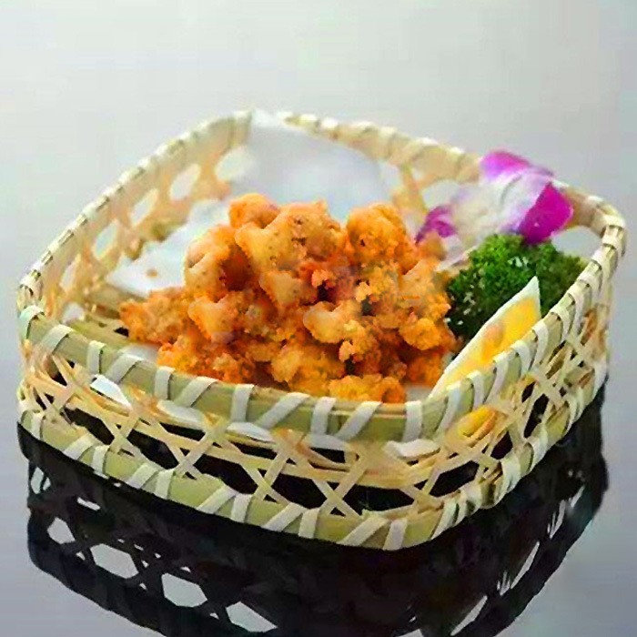 Cestas japonesas de fritas tempura, cestas de frutas, cestas de bambú, pan de bambú, pan de bocadillos, cestas de bambú, patatas fritas, plato de sashimi, decoración de plato