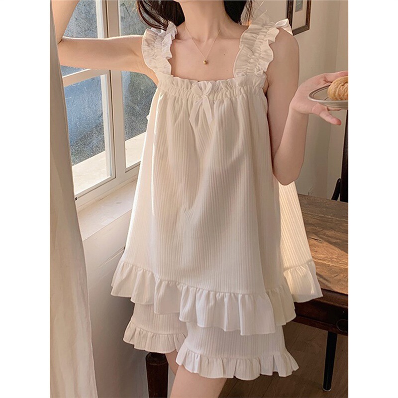 Pajamas with Chest Pad Women's Pure Cotton Summer Sling Set Thin Sweet Cute Little Lady Princess Style Home Clothes