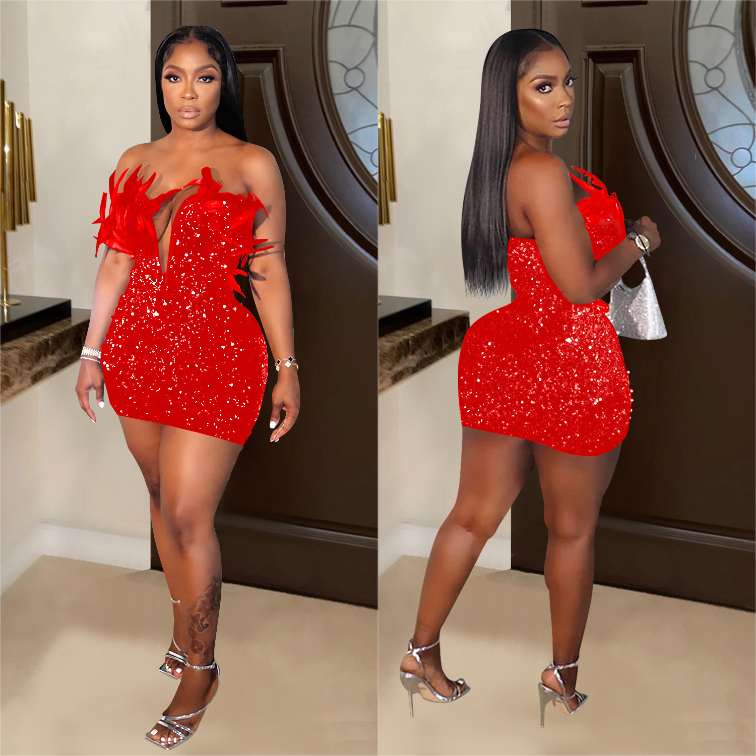 C7050 Aliexpress transfronterizo Amazon estación independiente de moda europea y americana de mujer cuentas plumas vestido sin mangas corto image 5