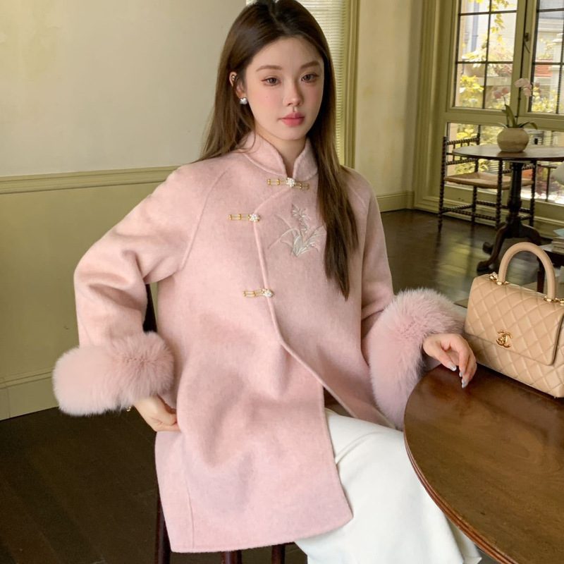 Handmade Double-Sided Cashmere Outwear for Women, New Chinoiserie Embroider, Detachable Fox Fur Double-Sided Wool Outwear