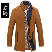 2021跨境主推男士羊毛呢子大衣加厚围巾领外套男装上衣