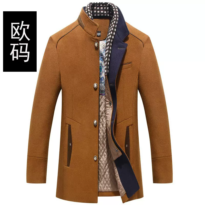 2021跨境主推男士羊毛呢子大衣加厚围巾领外套男装上衣