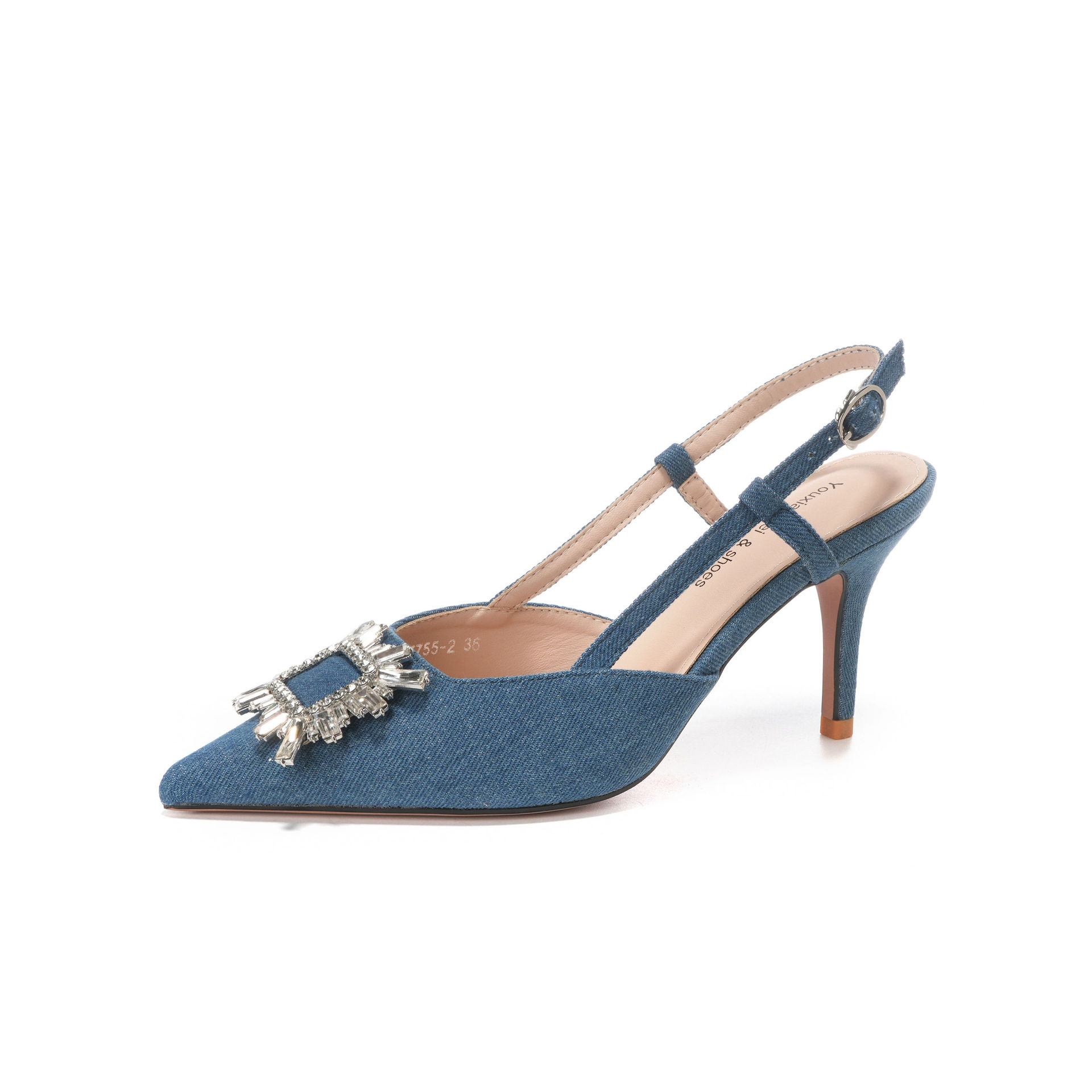 7755-2 Denim Blue Style Open Back High Heels With Rhinestones For Commuting And Work_voghion.com