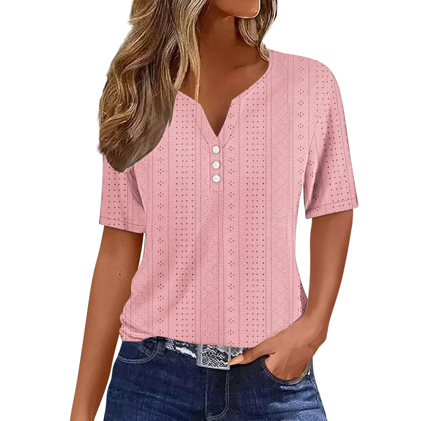 Cross-border European and American Women's Summer Top Vacation Fashion Casual Loose Comfortable V-neck Jacquard Hollow Short-sleeved T-shirt 3