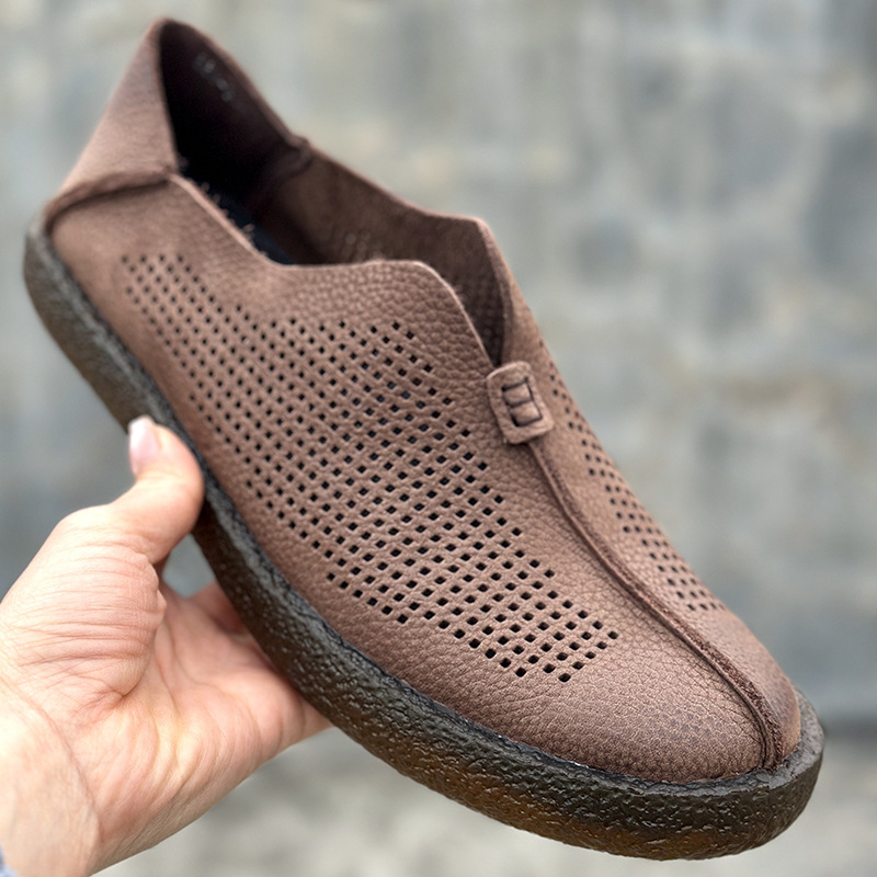Clearance Sale Men's Shoes Summer Sandals Breathable Thin Slip-On Perforated Shoes Genuine Leather Retro Soft Sole Hollow Leather Shoes